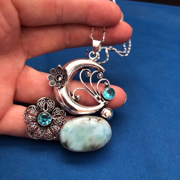 Jewelry By LJ Jewelry - Moon -Flower Republic Larimar, Blue Topaz Gemstone 925 Stamped Necklace